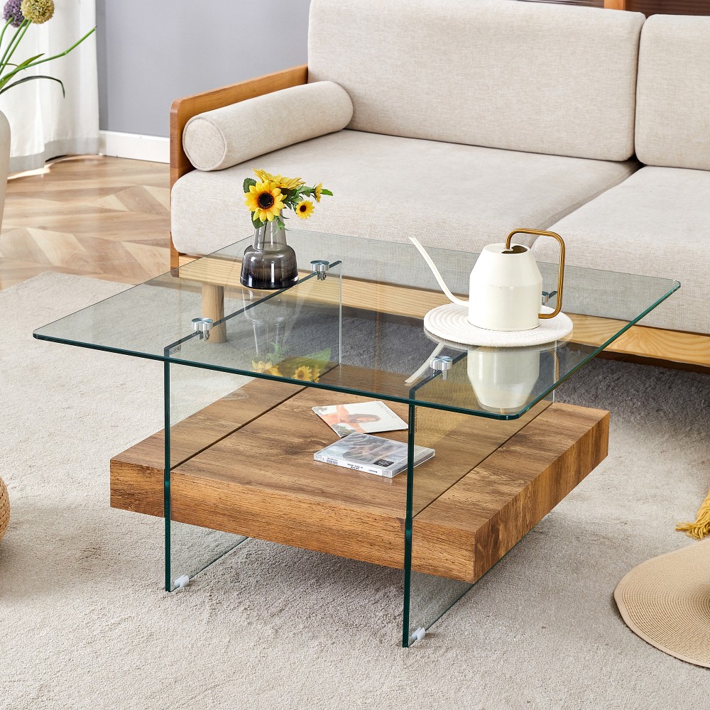 Square Coffee Table with Clear Glass Top and Double-Layer Storage Shelf