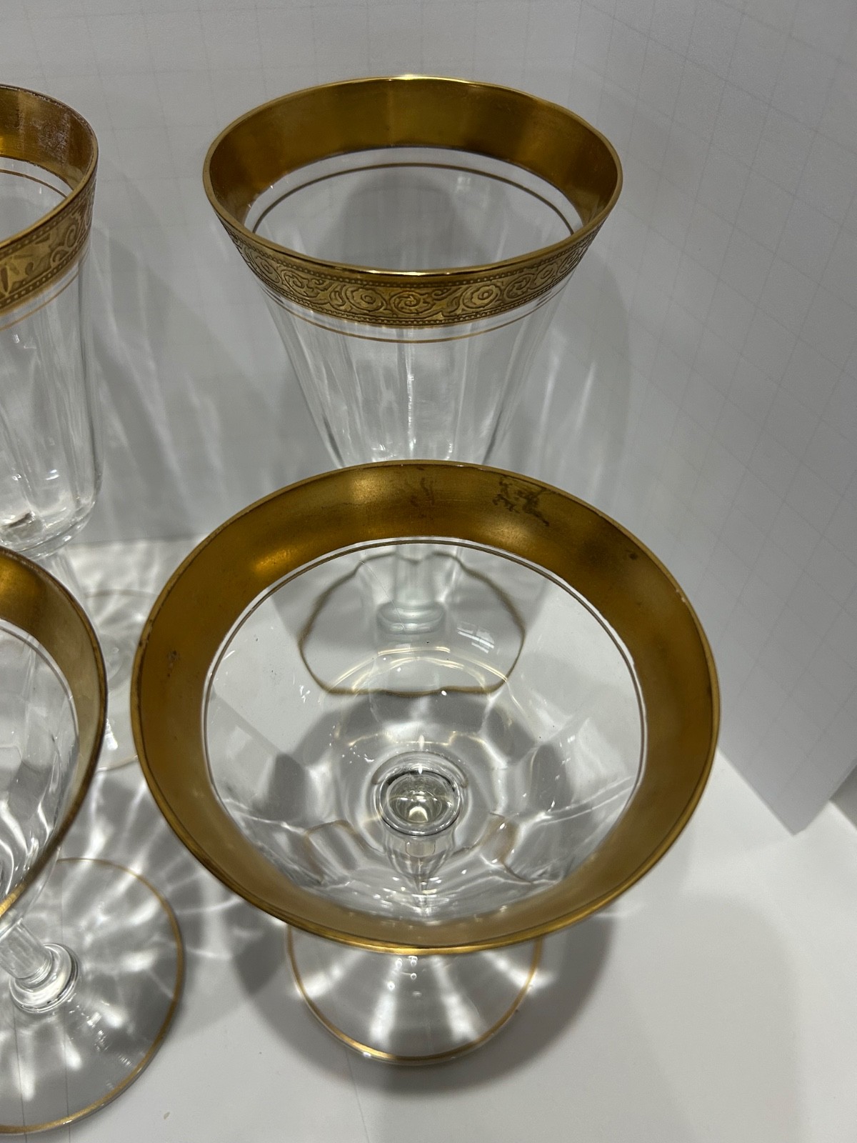 6  Tiffin-Franciscan Minton Optic Glass Gold Trim Footed Glasses assorted Sizes