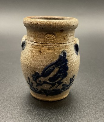 1989 Rowe Pottery Cobalt Blue Bird Crock In Miniature 1 7/8 Inches