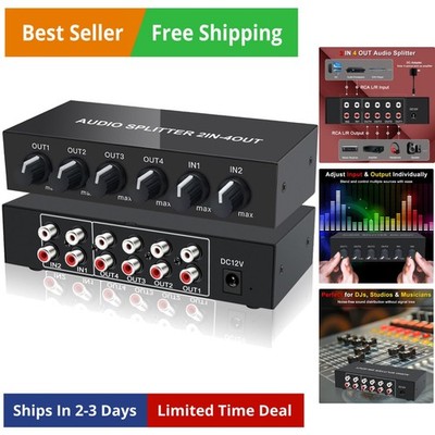 2 in 4 Out RCA L/R Audio Splitter Stereo Line Level Distributor Mixer with In...