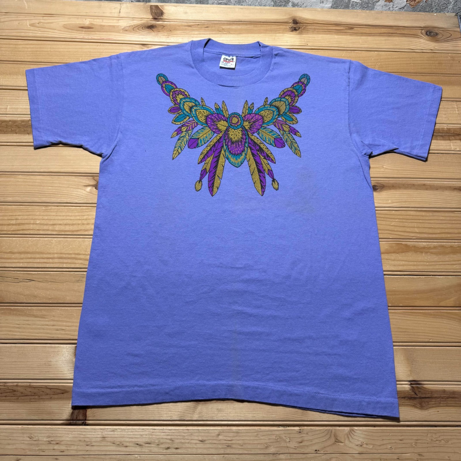 Vintage 90s Native American Feathers Glitter Tribal Graphic T-Shirt USA - Large