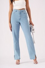 Womens Blue Jeans Straight Leg Stretch Denim Split Hem Light Wash High Waisted