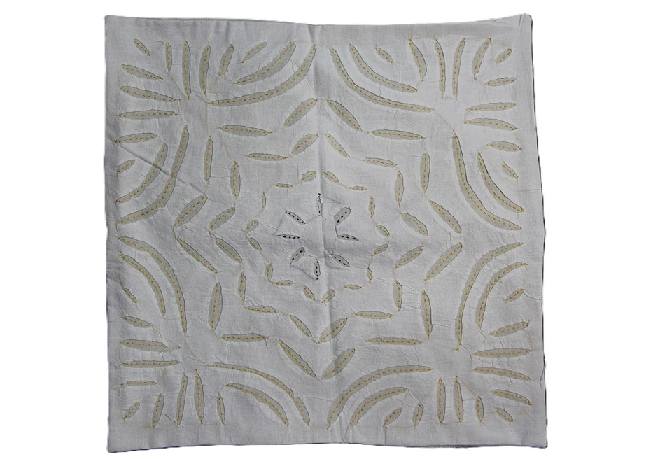 Handcrafted White & Beige Cushion Cover with Traditional Kantha Hand Embroidery - Image 3 of 4