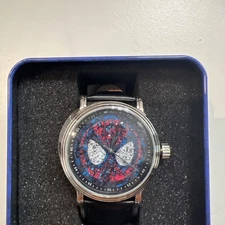 NIB Marvel Spiderman Mosaic Face Analog Mens Watch Blk Leather 