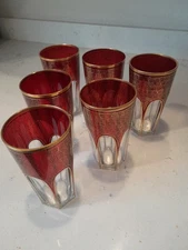 Vintage MCM Moroccan Tea Glass 5.5” Red & Gold 6 Pc Set Highball Heavy Base