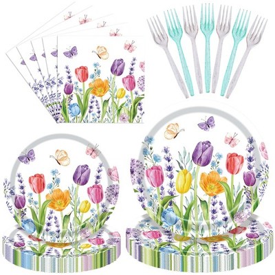 96 Pcs Spring Floral Party Tableware Set   Wildflower Tulip Disposable Plates...