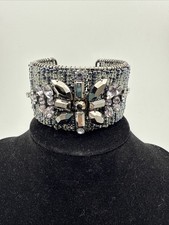 Cookie Lee Cuff Bracelet Black Beaded  Rhinestone Bend To Fit