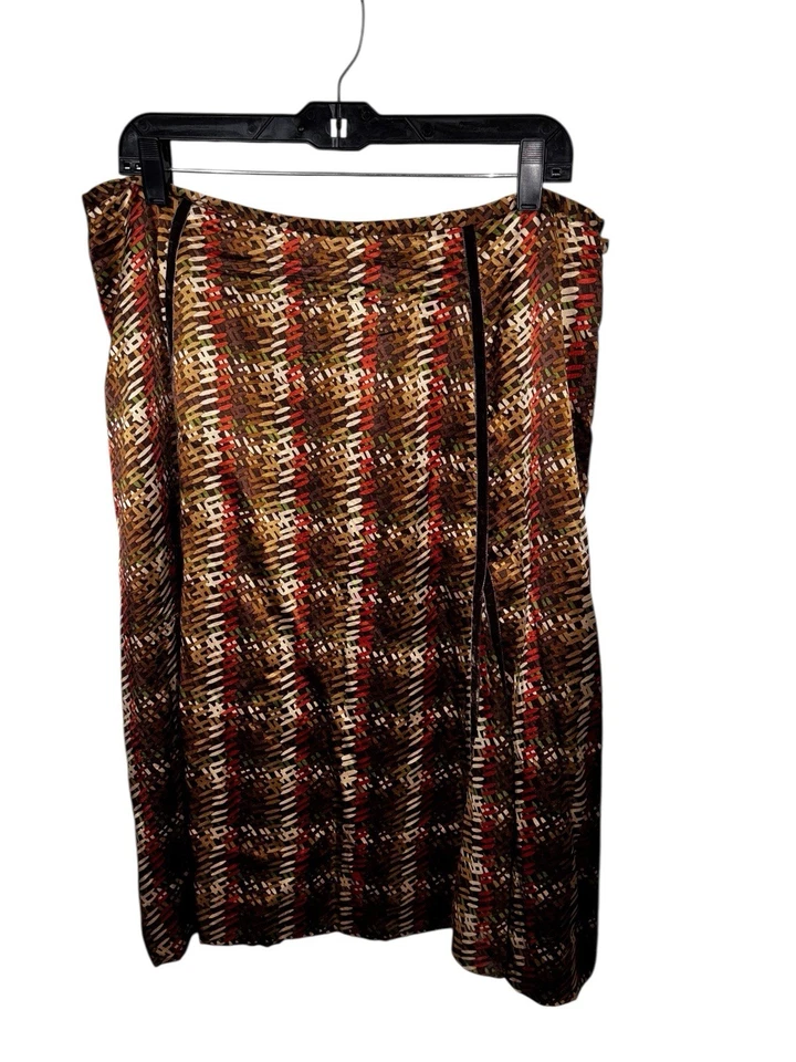 Kate Hill Woman Plus 14W Brown Multi Plaid Velvet Trim 100% Silk Midi Skirt Fall - Image 2 of 4