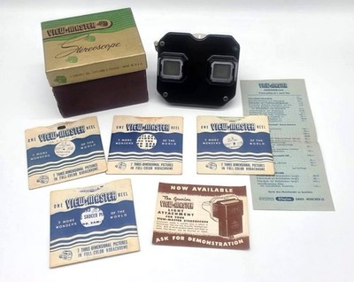 GAF View-Master Rot Model L 3D Betrachter Box & Bildscheiben Set Vintage (2)