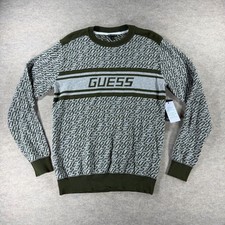 GUESS Mens Medium All Over Logo Sweater Green Gray Monogram Crewneck Knit NWT