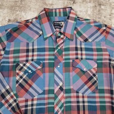 Vintage Wrangler Pearl Snap Shirt Mens 17 Colorful Plaid X Long Tails Cowboy Cut
