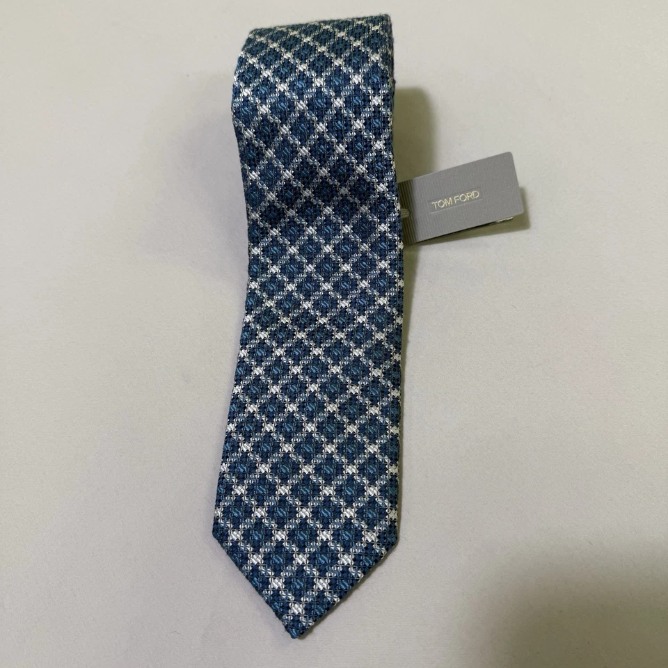 Tom Ford Neck Tie Silk Plaid Light Blue/Silver Designer Made In Italy - Image 4 of 4