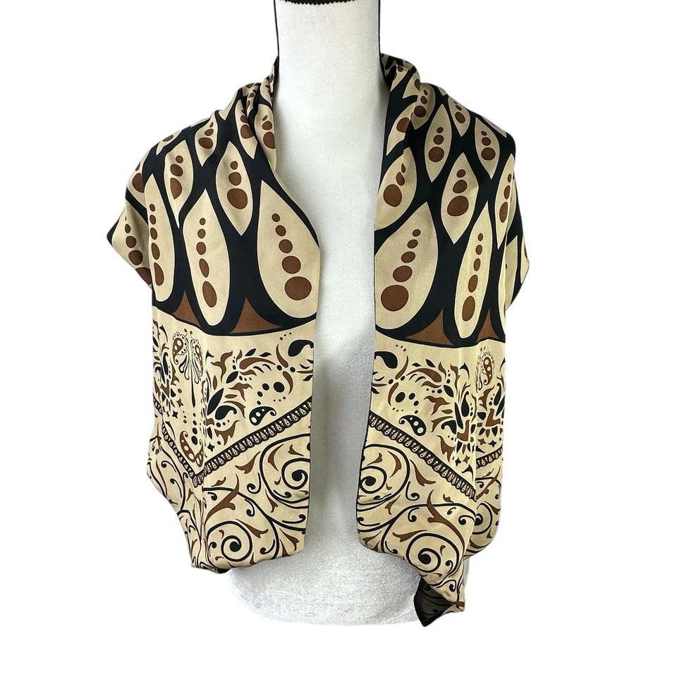 Bufanda de seda Talbots 57" corbata oblonga negra y marrón bronceada gráfica estampado retro pavo real Foto 3 de 4