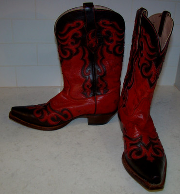 Tony Lama Womens Size 8B Fancy Scroll Stitching Red Leather Snip Cowboy Boots