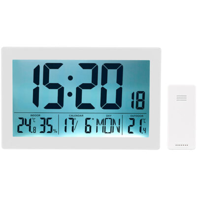 infactory XL-Funkuhr mit Doppel-Wecker, Thermo-/Hygrometer, Tag und Datum, weiß
