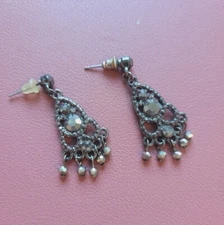 Earrings silver tone black drop dangle studs pierced unique pre-owned 4cm