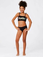 NWT JUSTICE Girl's Bikini Tankini Swimsuit Black Logo Rainbow Swim Size 6-16 NEW