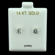 14K Real Solid Gold 6mm Solitaire Round CZ Stud Earrings, Men Women