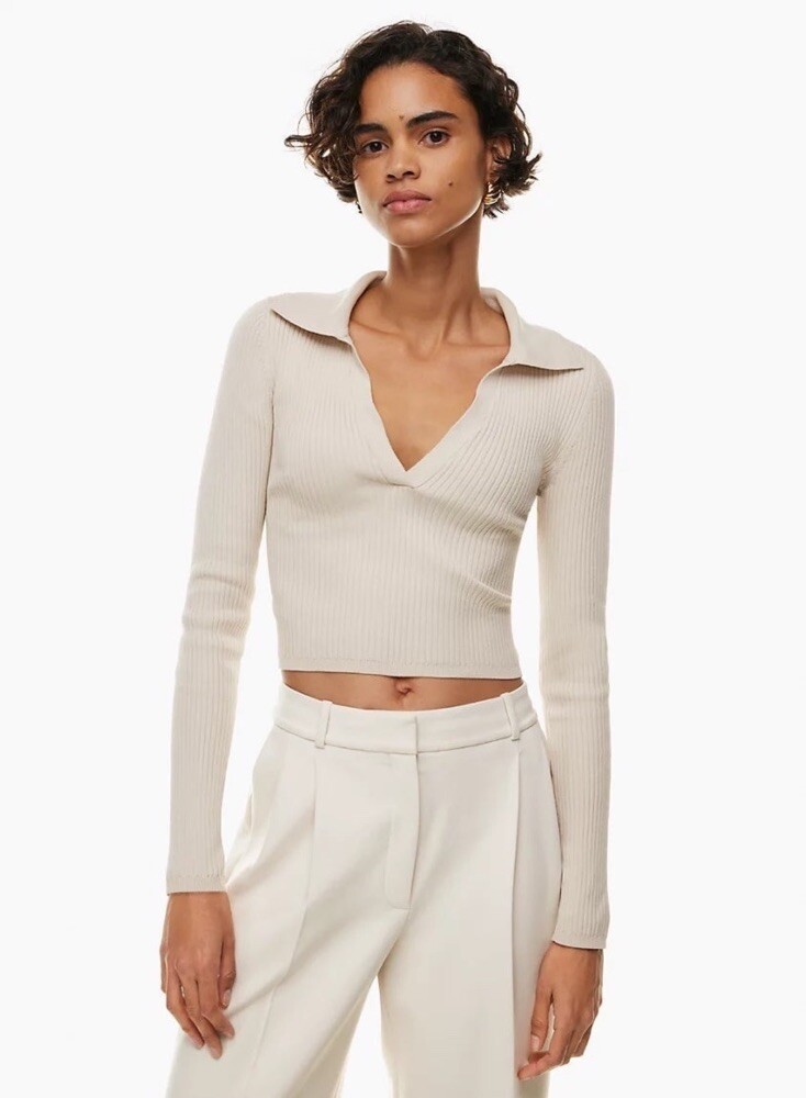 Aritzia Babaton Sculpt Knit Ribbed Polo Longsleeve in Matte Pearl 2XS
