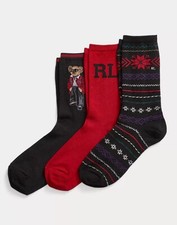 Ralph Lauren Ladies Holiday Theme Polo Bear Crew Socks 3 Pairs Pack SIZE 9 - 11