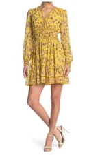 Max Studio $138 Maize V-Neck Smocked Waist Yellow Floral Mini Dress Size S NWT