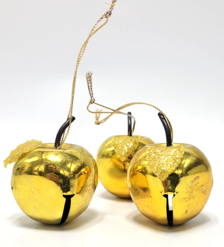 Christmas Ornament Golden Apple Jingle Bell Metal Hanging Decoration Set of 3