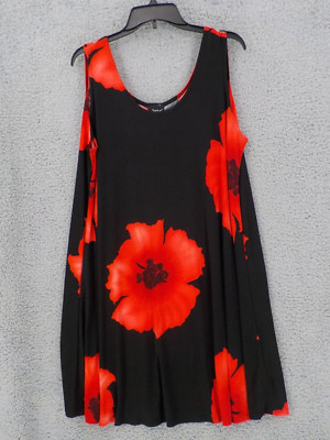 JOSTAR SLINKY TANK DRESS 3XL BLACK W RED HIBISCUS SLEEVELESS POLY SPANDEX KNIT