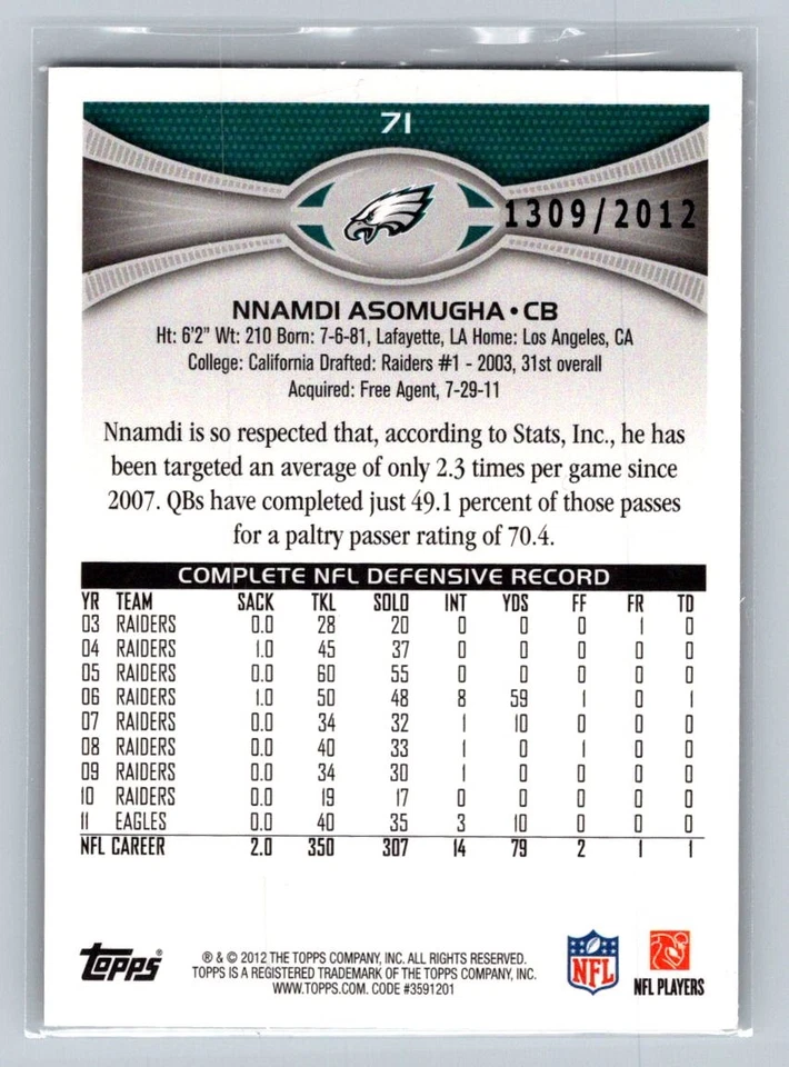 2012 Topps #71 Nnamdi Asomugha Gold Philadelphia Eagles #/2012 - Image 2 of 2