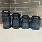 4 Vintage MCM Dark Blue Glass Apothecary Jar Canister W Lids Milk Can Shape