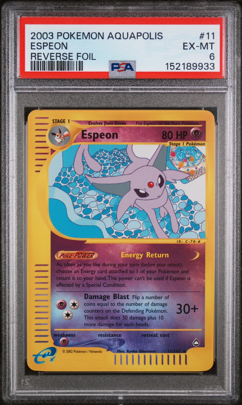 2003 POKEMON AQUAPOLIS #11 ESPEON-REVERSE FOIL PSA 6