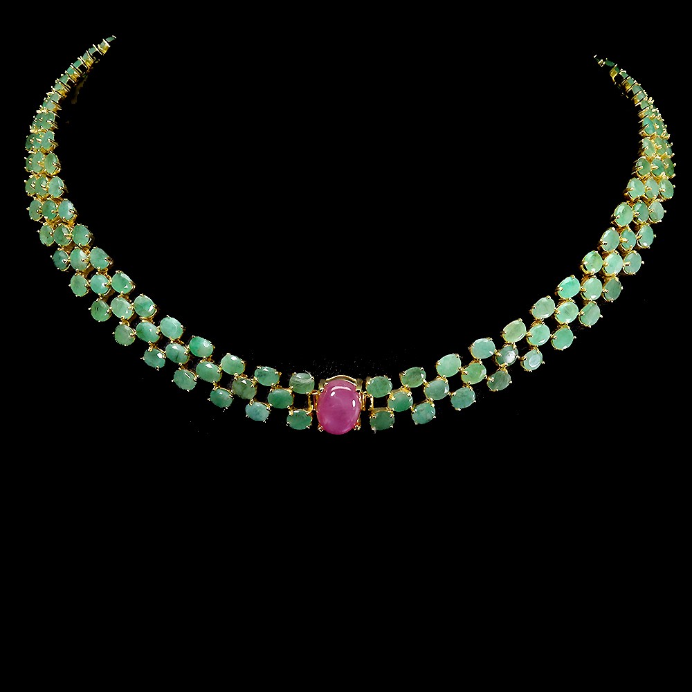 925 Sterling Silver Necklace with 11x9mm Oval Ruby and Emerald Natural Gemstone  