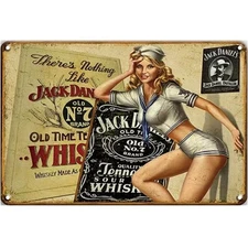WHISKEYJACK DANIELS WHISKEY METAL TIN SIGN SEXY BLOND SAILOR OUTFIT MAN CAVE BAR