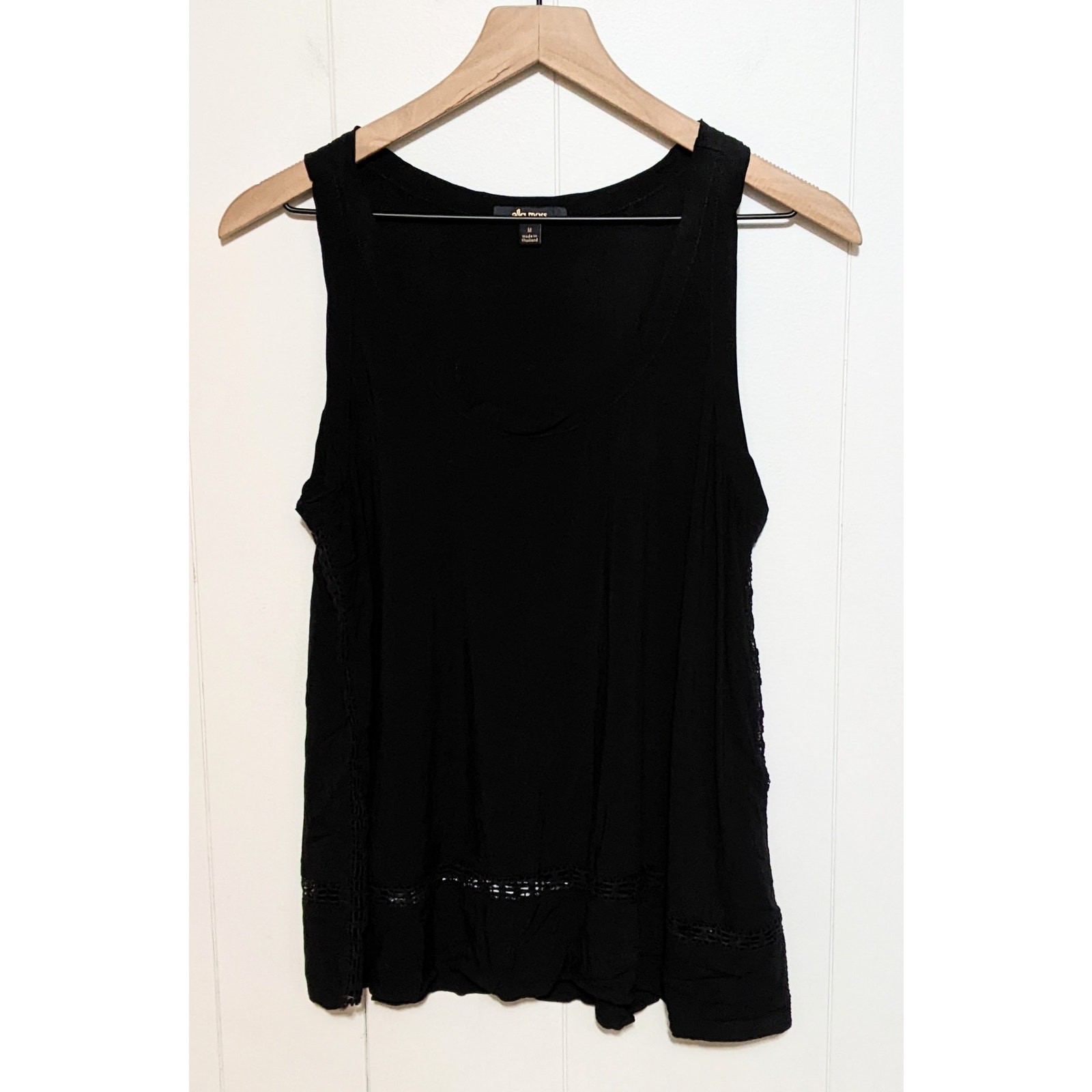 Ella Moss M Black Elin Scoop Neck Sleeveless Tank Top Blouse Lace Trim Women's