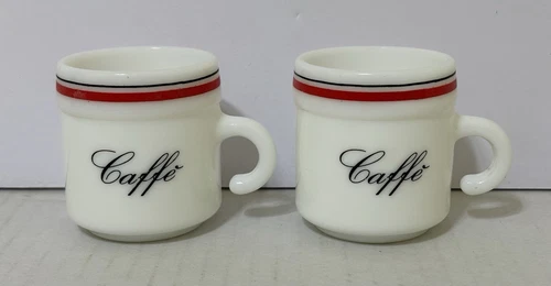 Lot of 2 Vintage Demitasse CAFFE' ESPRESSO Cups - Milk Glass Red and Black
