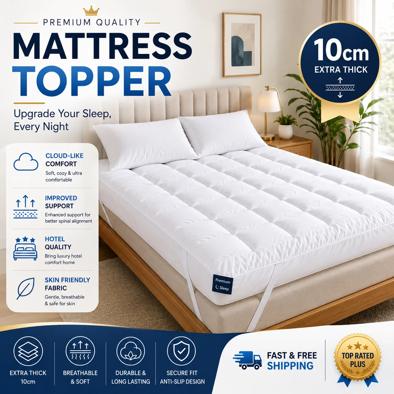 Microfibre Mattress Topper Protector Elastic Corner Straps All Size 10cm/4''Deep