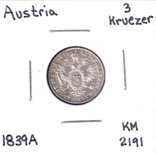 1839A Austria 3 Kreuzer (KM-2191) Billon [Ferdinand I]  Vienna Mint