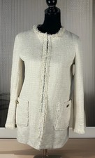 Zara Ivory Tweed Fringe Trim Mid-length Blazer Lined Coat Women  s Size Small