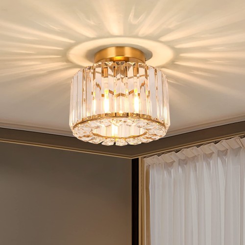 Crystal Modern Semi Flush Mounted Ceiling Light Fixture - Brass Chandelier fo...