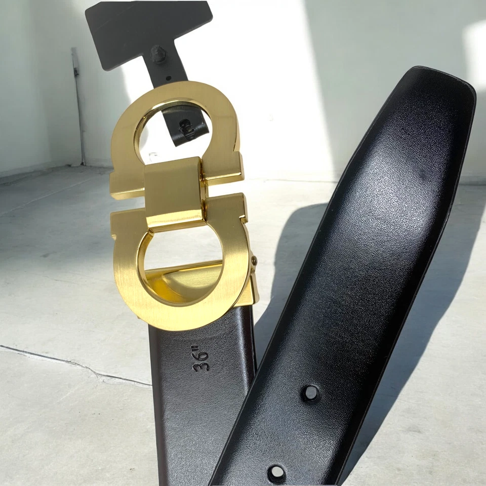 NEW Marco Valentino Black/Brown Reversible Leather Belt Brushed Gold Buckle NWT - Image 3 of 4