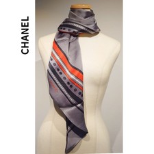 CHANEL Parallelogram Scarf/stole with Coco Mark 100 Silk Gray 119x37.5cm