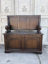 20th Century Oak Monks Bench,&nbsp;with lion carved arms. Foldover Top & Storage.