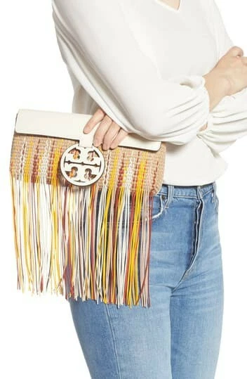 New with Tags 498 Tory Burch Miller Fringe Woven Clutch in Natural Ivory