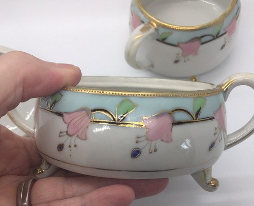 Zucchero NIPPON dipinto a mano e marcato con coperchio e crema, bordo con perline Moriage oro - Foto 12 di 12