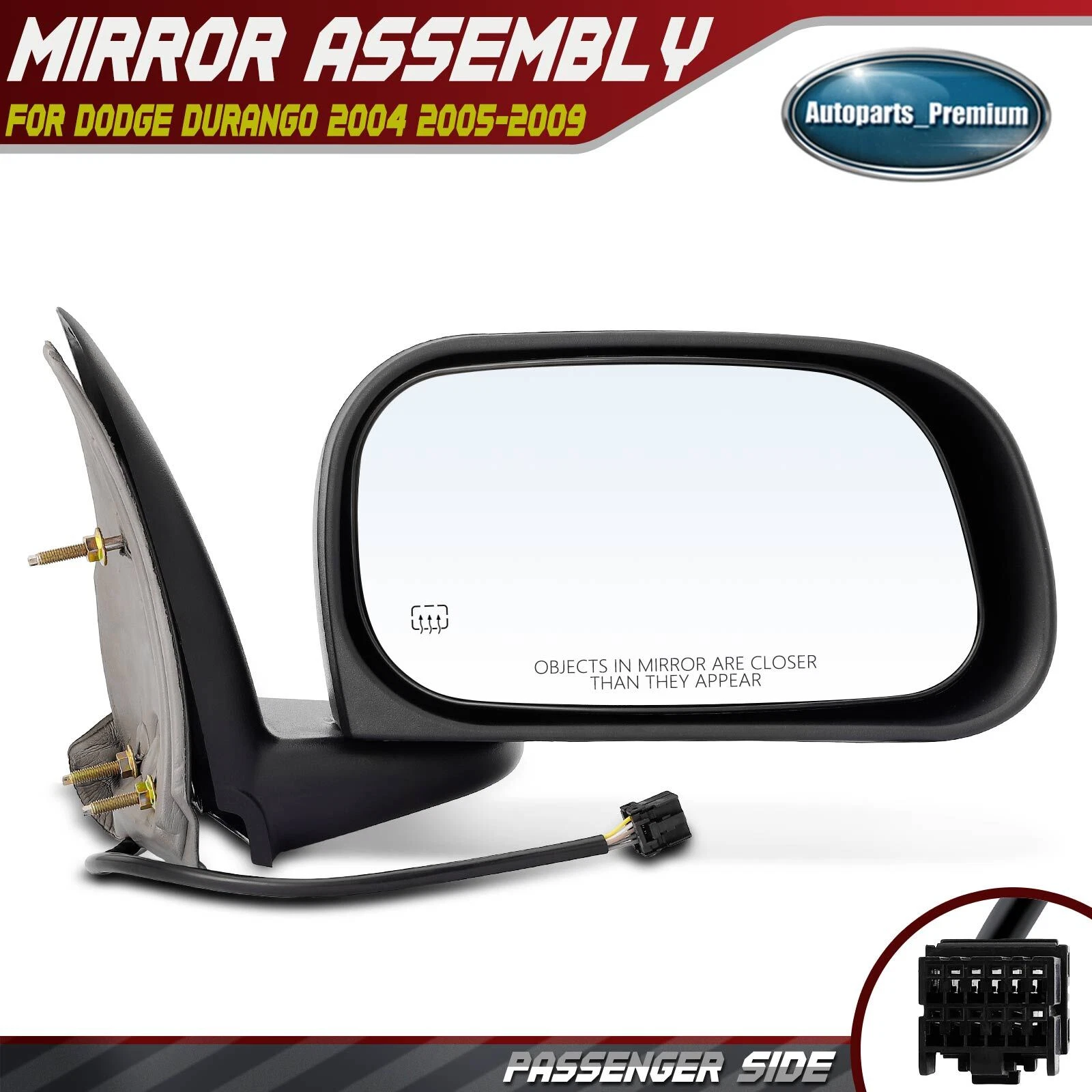 Passenger Right Black Power Heated Mirror for Dodge Durango 2004-2009 with 5-pin