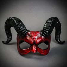 Halloween Demon Devil with Back Twisted Horns Masquerade Party Mask Bloody Red