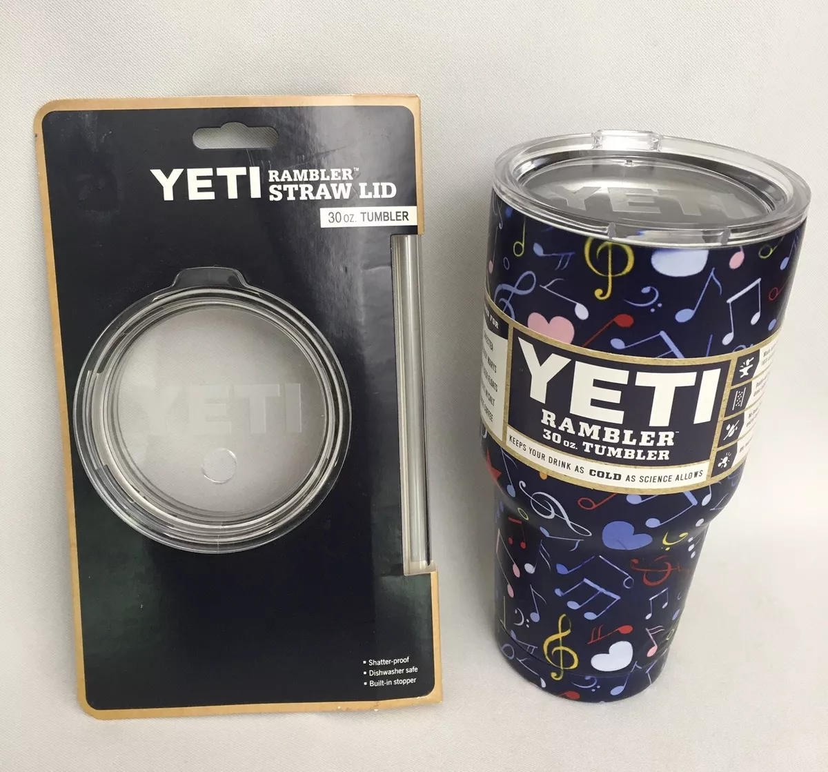 YETI 30 oz NEW Rambler Tumbler w/extra Straw and Lid - Purple Music Notes 2015