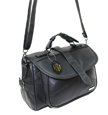 LORENZ New Women Real Leather Multi Pocket Shoulder Bag Across Body Bag Handbag Black