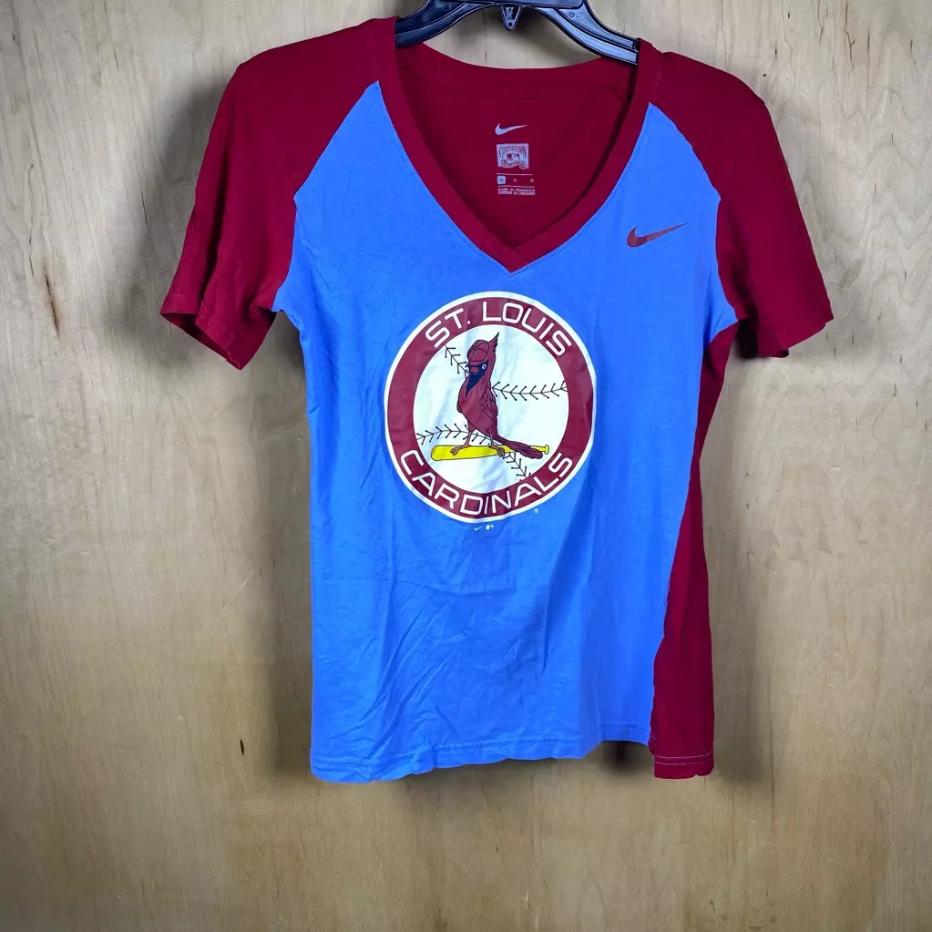 St. Louis Cardinals Cooperstown Nike Womens T-Shirt Blue Red Colorblock V  Neck M