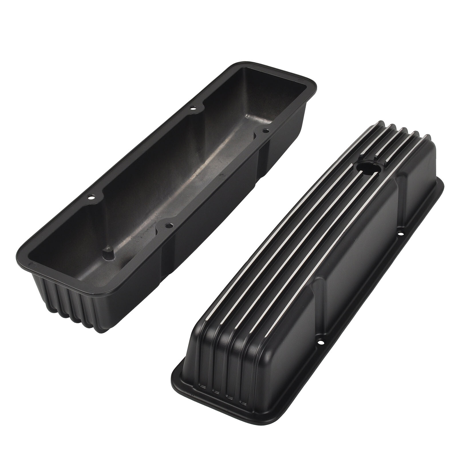 Black Finned Tall Valve Covers & Air PCV Breather For SBC Chevy 327 350