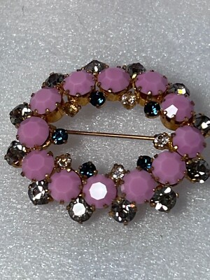 Vintage Austria Pink & Clear Rhinestone Oval Brooch Gold-Tone Jewelry 1.5'' Elega